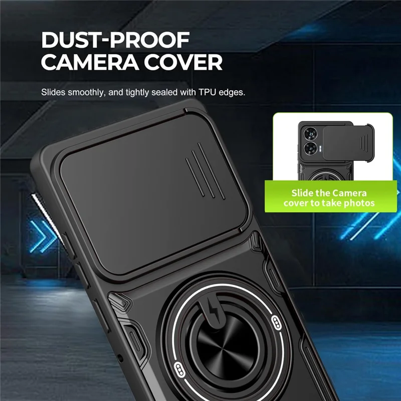 Custodia Magnetica per Motorola Moto G85 5G / S50 Neo 5G / G96 5G / Edge 50 Fusion 5G, Cover Scorrevole per Fotocamera con Supporto Girevole TPU+PC - Nero