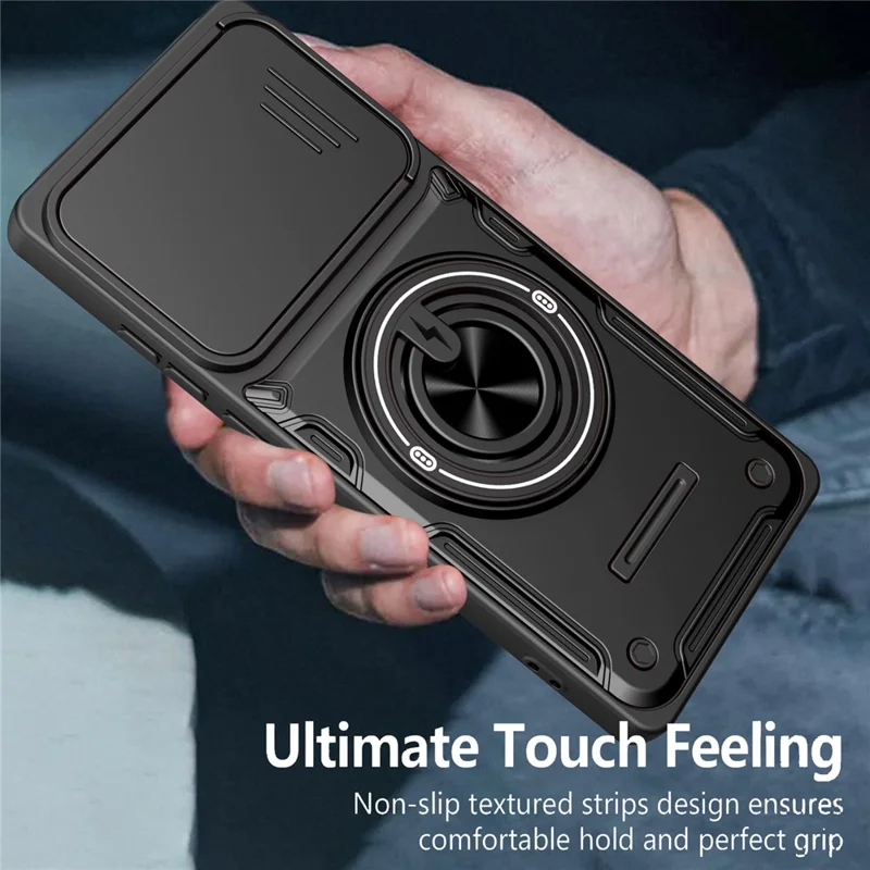 Custodia Magnetica per Motorola Moto G85 5G / S50 Neo 5G / G96 5G / Edge 50 Fusion 5G, Cover Scorrevole per Fotocamera con Supporto Girevole TPU+PC - Nero