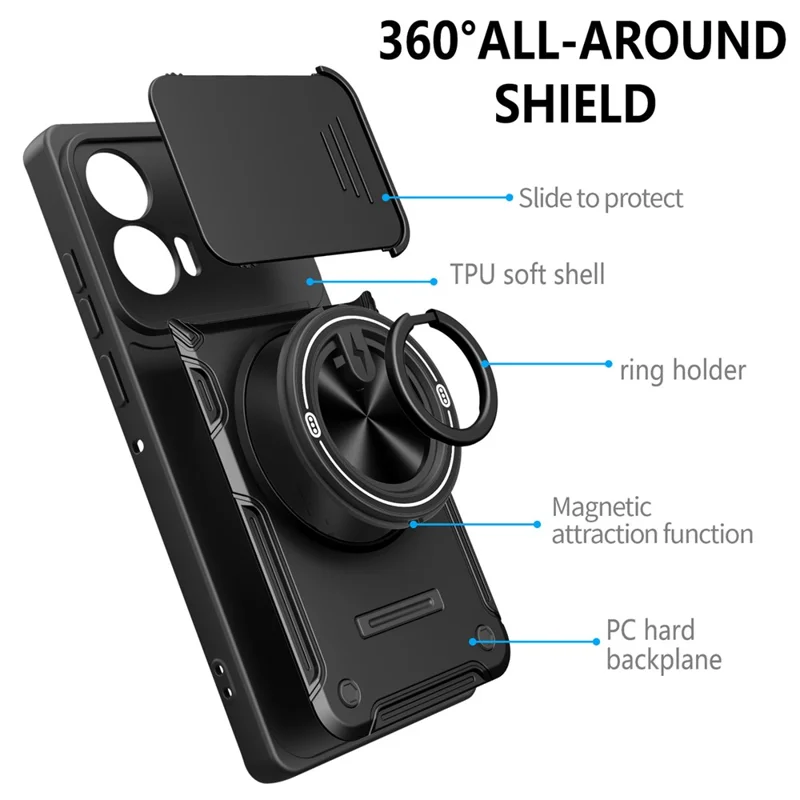 Custodia Magnetica per Motorola Moto G85 5G / S50 Neo 5G / G96 5G / Edge 50 Fusion 5G, Cover Scorrevole per Fotocamera con Supporto Girevole TPU+PC - Nero
