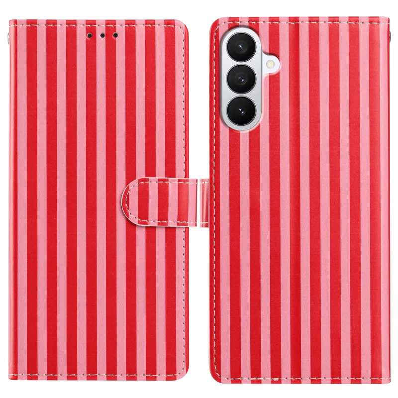 For Samsung Galaxy S27 Wallet Case Vintage Stripes Leather Stand Flip Phone Cover with Wrist Strap - Red - 1
