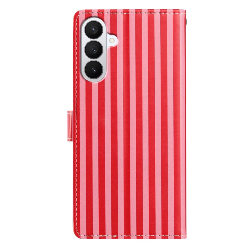 For Samsung Galaxy S27+ Wallet Case Vintage Stripes Leather Stand Flip Phone Cover with Wrist Strap - Red - 2