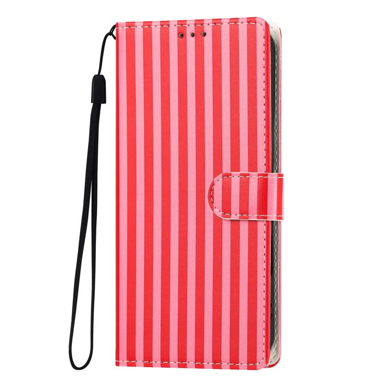 For Samsung Galaxy S27+ Wallet Case Vintage Stripes Leather Stand Flip Phone Cover with Wrist Strap - Red - 3