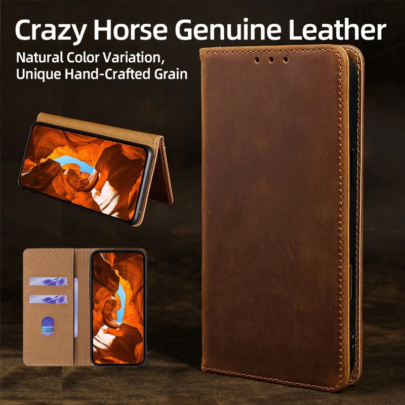 For iPhone 17 Pro Case Crazy Horse Texture Genuine Cow Leather RFID Blocking Wallet Phone Cover - Dark Brown