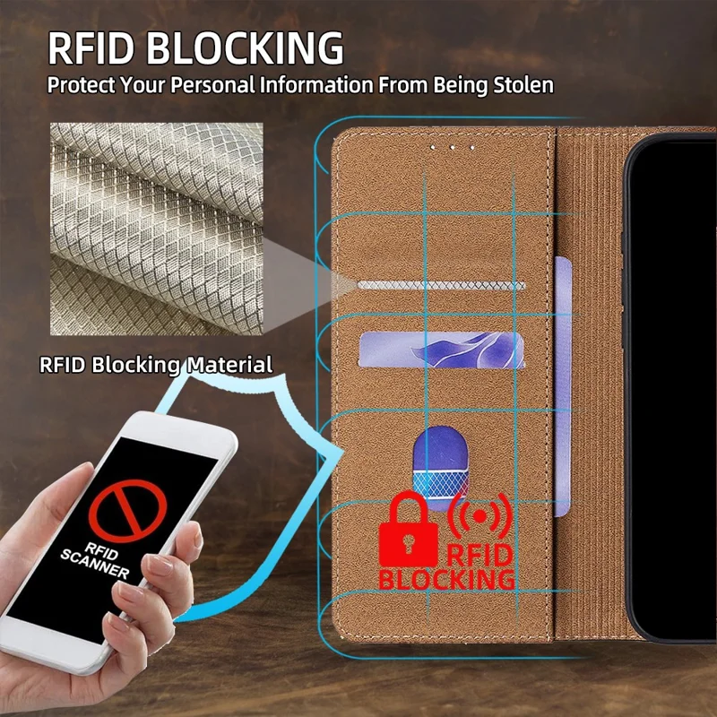 For iPhone 17 Pro Case Crazy Horse Texture Genuine Cow Leather RFID Blocking Wallet Phone Cover - Dark Brown