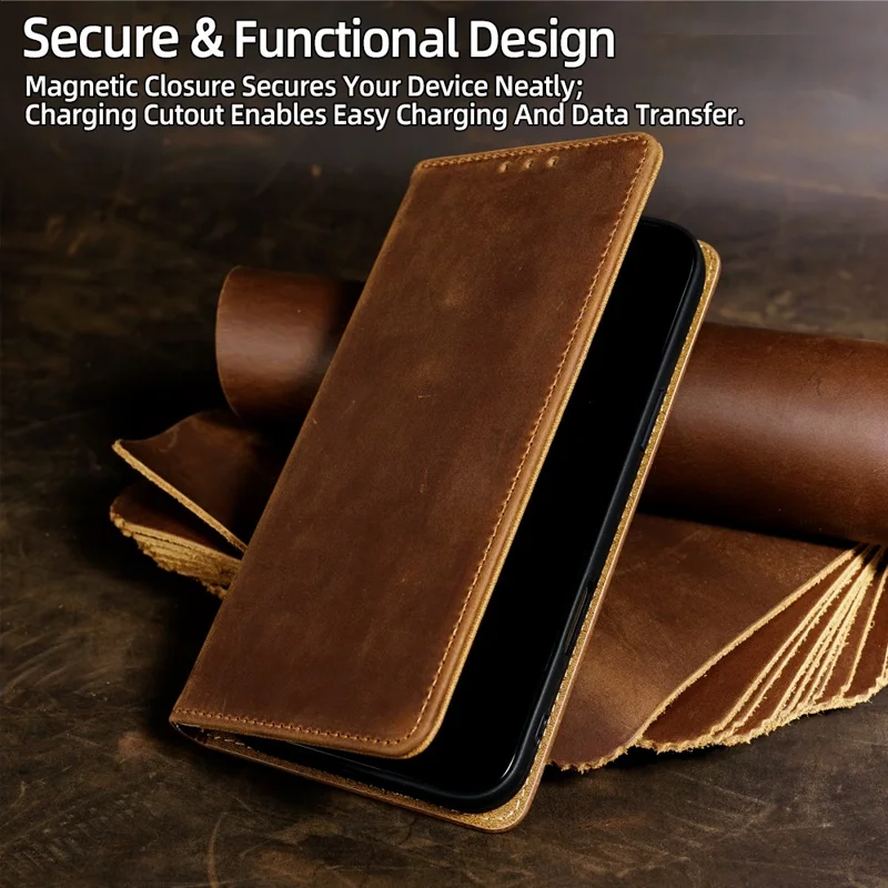 For iPhone 17 Pro Case Crazy Horse Texture Genuine Cow Leather RFID Blocking Wallet Phone Cover - Dark Brown