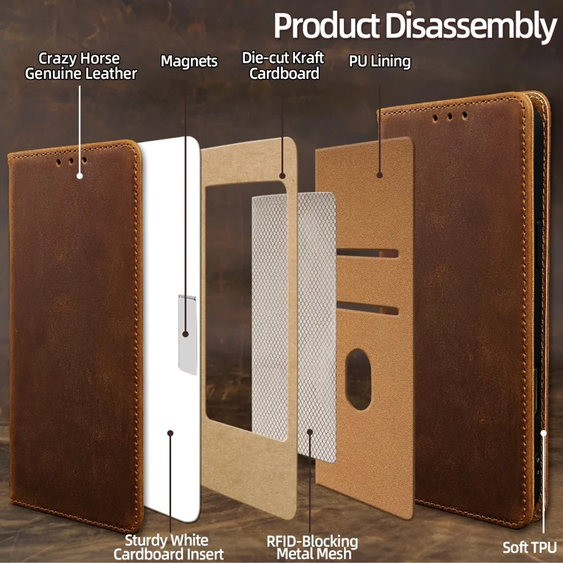 For iPhone 17 Pro Case Crazy Horse Texture Genuine Cow Leather RFID Blocking Wallet Phone Cover - Dark Brown