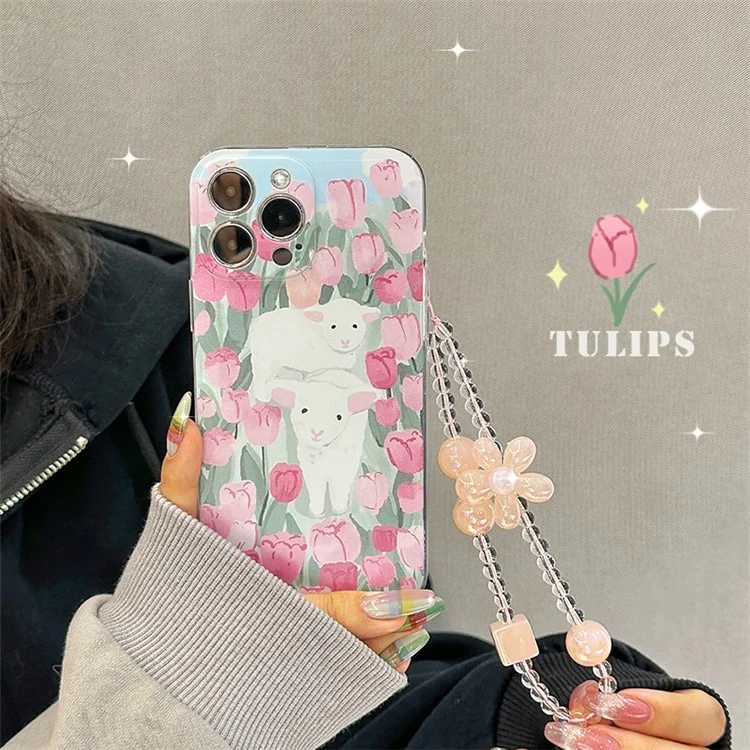1.5mm TPU Phone Case for iPhone 14 Pro, Sheep Tulip Pattern Printing Shockproof Back Cover with Beads Hand Strap