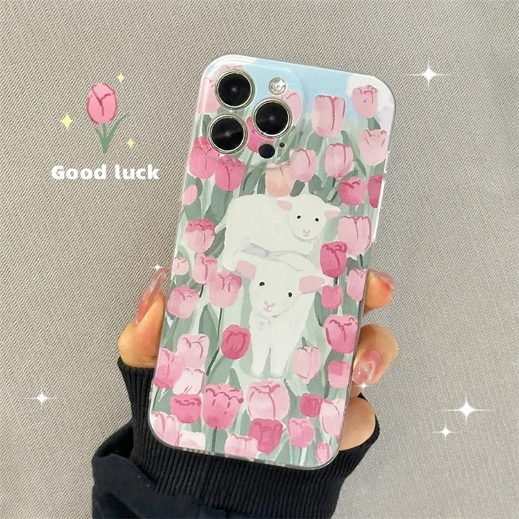 1.5mm TPU Phone Case for iPhone 14 Pro, Sheep Tulip Pattern Printing Shockproof Back Cover with Beads Hand Strap