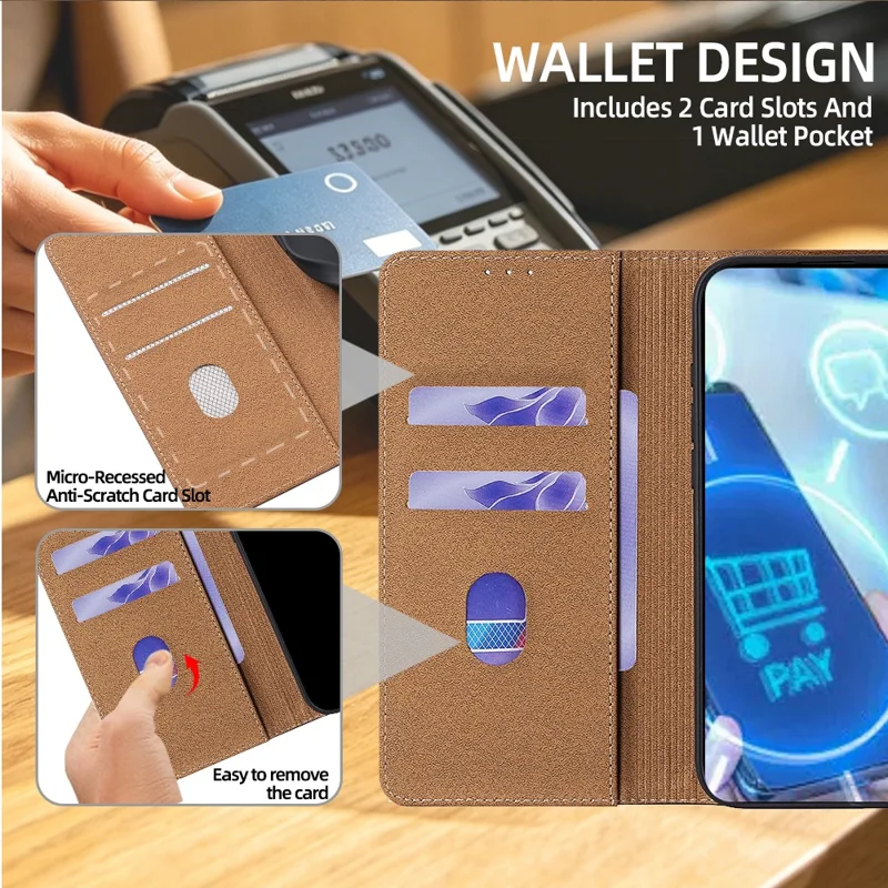 For iPhone 16 Plus Case Crazy Horse Texture Genuine Cow Leather RFID Blocking Wallet Phone Cover - Dark Brown