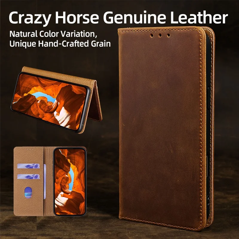 For Xiaomi 17 Pro Max Case Crazy Horse Texture Genuine Cow Leather RFID Blocking Wallet Phone Cover - Dark Brown