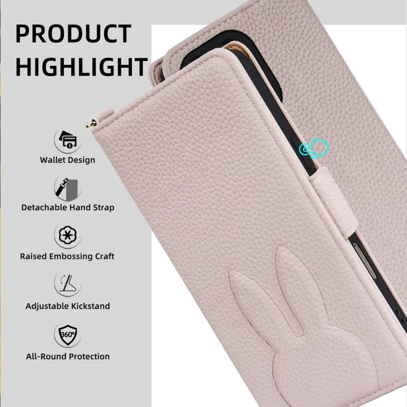 For Samsung Galaxy S25 Edge Wallet Case PU Leather Rabbit Imprinted Phone Cover with Detachable Wrist Strap - White