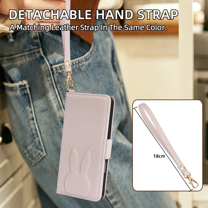 For Samsung Galaxy S25 Edge Wallet Case PU Leather Rabbit Imprinted Phone Cover with Detachable Wrist Strap - White