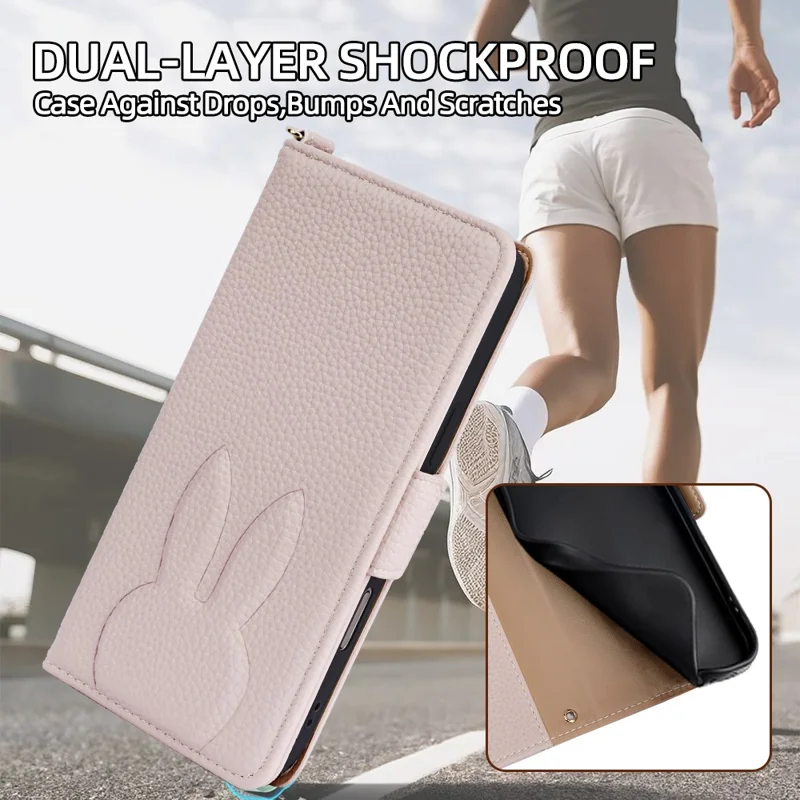 For Samsung Galaxy A07 5G Wallet Case PU Leather Rabbit Imprinted Phone Cover with Detachable Wrist Strap - White