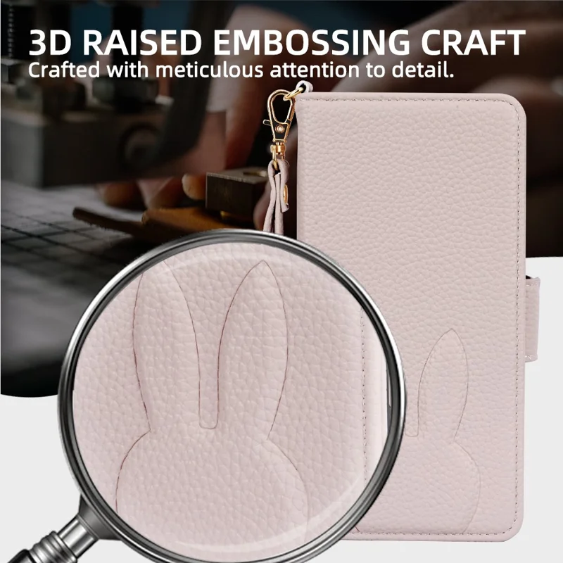 For Samsung Galaxy A07 5G Wallet Case PU Leather Rabbit Imprinted Phone Cover with Detachable Wrist Strap - White