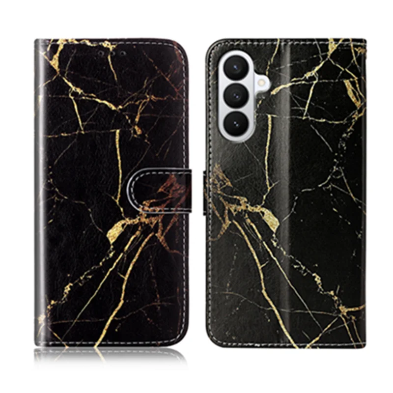 For Samsung Galaxy S27 Stand Case Marble Painted Folio Flip Leather Wallet Phone Cover - Black Gold Marble - 1