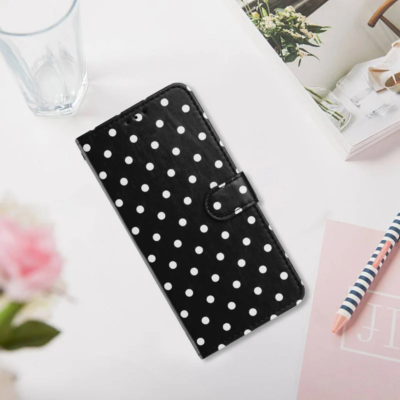 For Samsung Galaxy S27 Leather Case Polka Dot Pattern Wallet Stand Folio Phone Cover - Black - 10