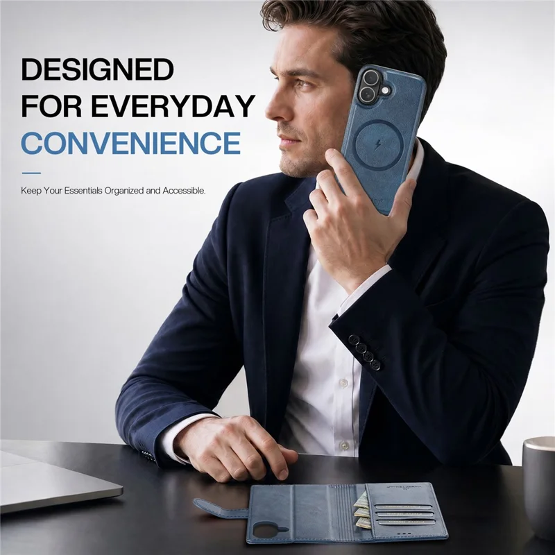 FIERRE SHANN FS032 for iPhone 18 / 17 Case Magnetic Detachable PU Leather RFID Blocking Wallet Phone Cover - Blue - 10