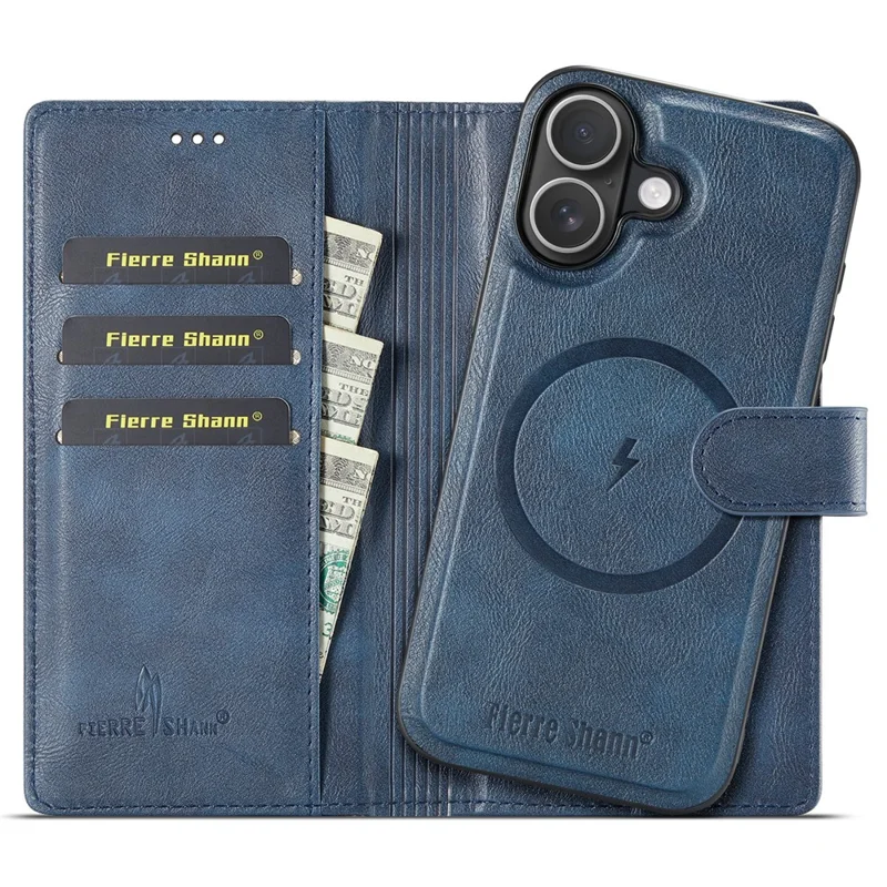 FIERRE SHANN FS032 for iPhone 18 / 17 Case Magnetic Detachable PU Leather RFID Blocking Wallet Phone Cover - Blue - 2