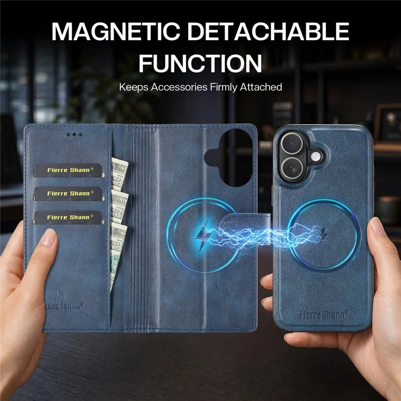 FIERRE SHANN FS032 for iPhone 18 / 17 Case Magnetic Detachable PU Leather RFID Blocking Wallet Phone Cover - Blue - 7