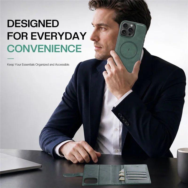 FIERRE SHANN FS032 For iPhone 14 Pro Max Case Magnetic Detachable PU Leather RFID Blocking Wallet Phone Cover - Green