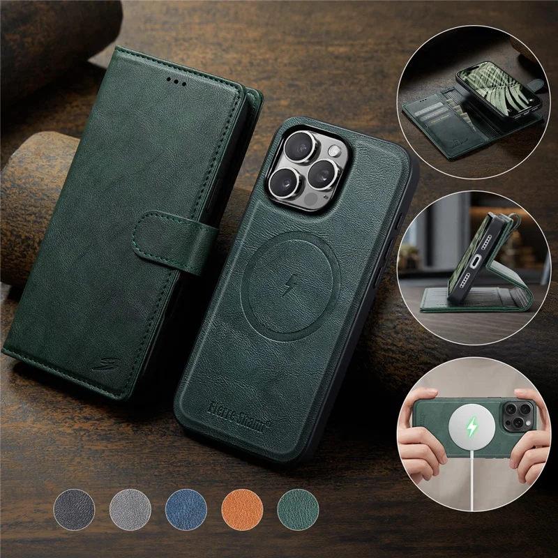 FIERRE SHANN FS032 For iPhone 14 Pro Max Case Magnetic Detachable PU Leather RFID Blocking Wallet Phone Cover - Green
