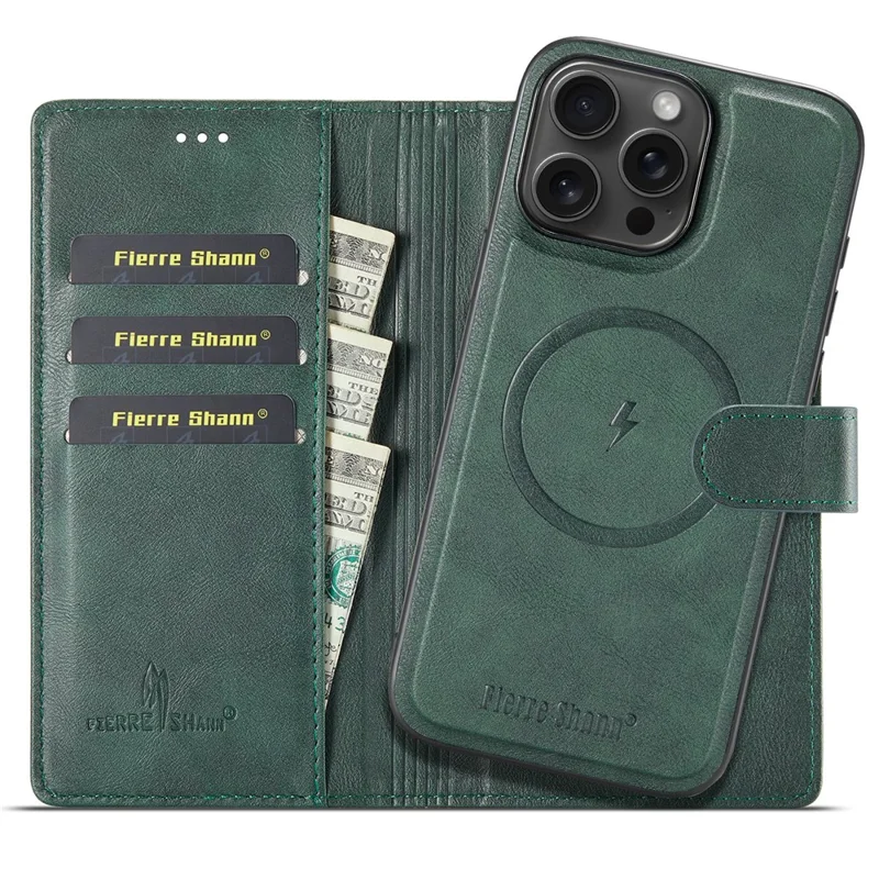 FIERRE SHANN FS032 For iPhone 14 Pro Max Case Magnetic Detachable PU Leather RFID Blocking Wallet Phone Cover - Green
