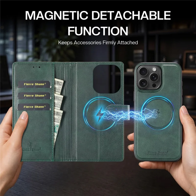 FIERRE SHANN FS032 For iPhone 14 Pro Max Case Magnetic Detachable PU Leather RFID Blocking Wallet Phone Cover - Green