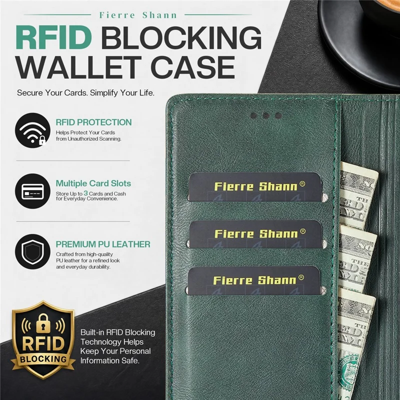 FIERRE SHANN FS032 For iPhone 14 Pro Max Case Magnetic Detachable PU Leather RFID Blocking Wallet Phone Cover - Green