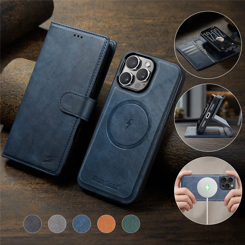 FIERRE SHANN FS032 For iPhone 13 Pro Case Magnetic Detachable PU Leather RFID Blocking Wallet Phone Cover - Blue