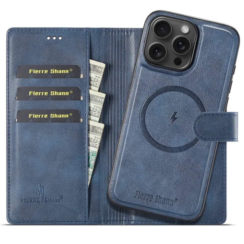 FIERRE SHANN FS032 For iPhone 13 Pro Case Magnetic Detachable PU Leather RFID Blocking Wallet Phone Cover - Blue