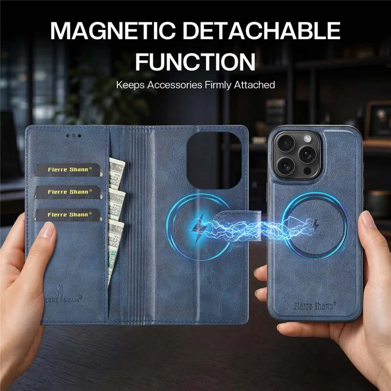 FIERRE SHANN FS032 For iPhone 13 Pro Case Magnetic Detachable PU Leather RFID Blocking Wallet Phone Cover - Blue