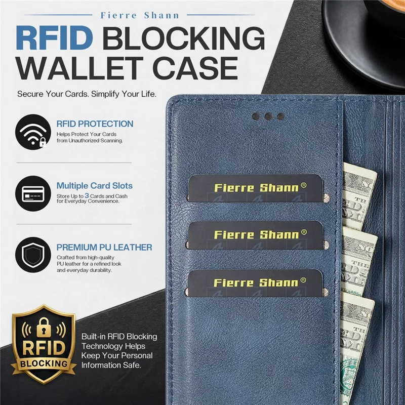 FIERRE SHANN FS032 For iPhone 13 Pro Case Magnetic Detachable PU Leather RFID Blocking Wallet Phone Cover - Blue