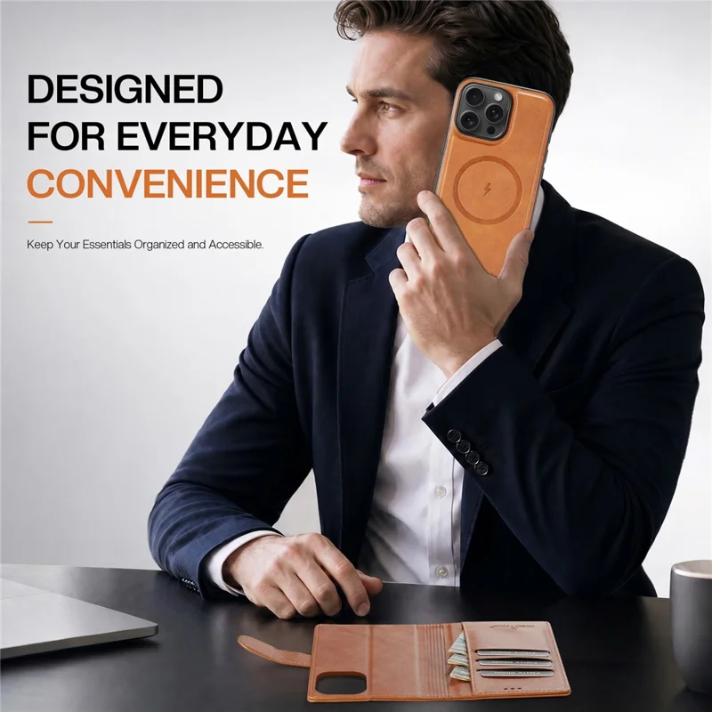 FIERRE SHANN FS032 For iPhone 13 Pro Max Case Magnetic Detachable PU Leather RFID Blocking Wallet Phone Cover - Brown