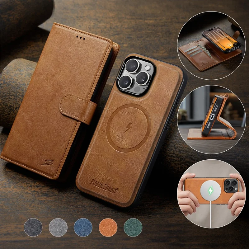 FIERRE SHANN FS032 For iPhone 13 Pro Max Case Magnetic Detachable PU Leather RFID Blocking Wallet Phone Cover - Brown