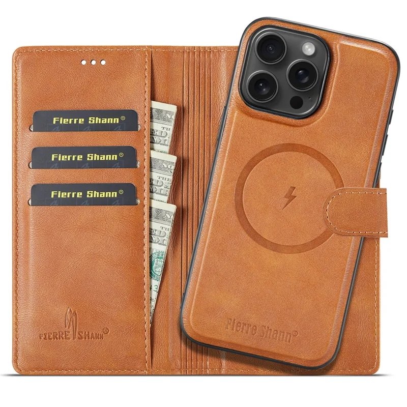 FIERRE SHANN FS032 For iPhone 13 Pro Max Case Magnetic Detachable PU Leather RFID Blocking Wallet Phone Cover - Brown