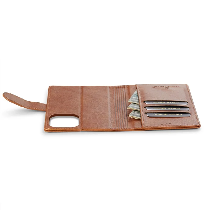 FIERRE SHANN FS032 For iPhone 13 Pro Max Case Magnetic Detachable PU Leather RFID Blocking Wallet Phone Cover - Brown