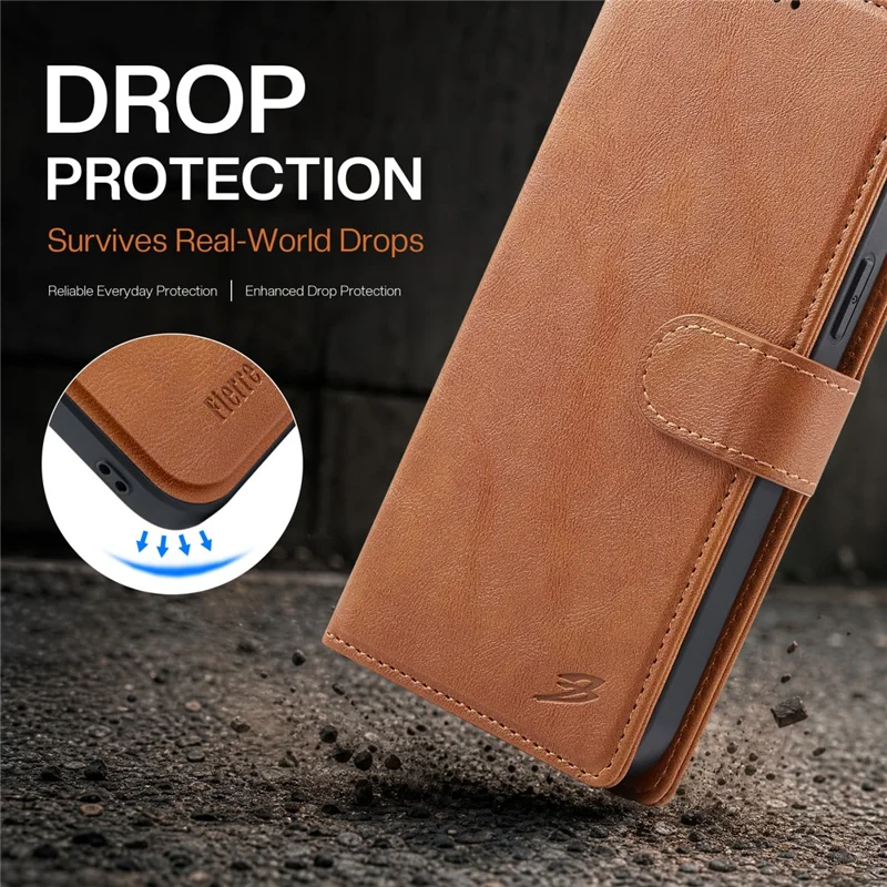 FIERRE SHANN FS032 For iPhone 13 Pro Max Case Magnetic Detachable PU Leather RFID Blocking Wallet Phone Cover - Brown
