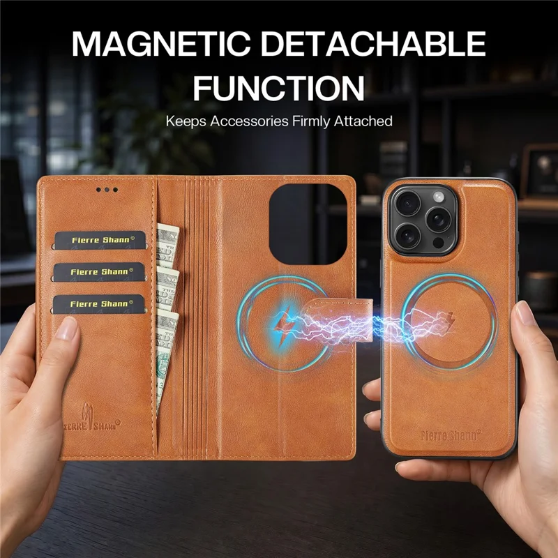 FIERRE SHANN FS032 For iPhone 13 Pro Max Case Magnetic Detachable PU Leather RFID Blocking Wallet Phone Cover - Brown