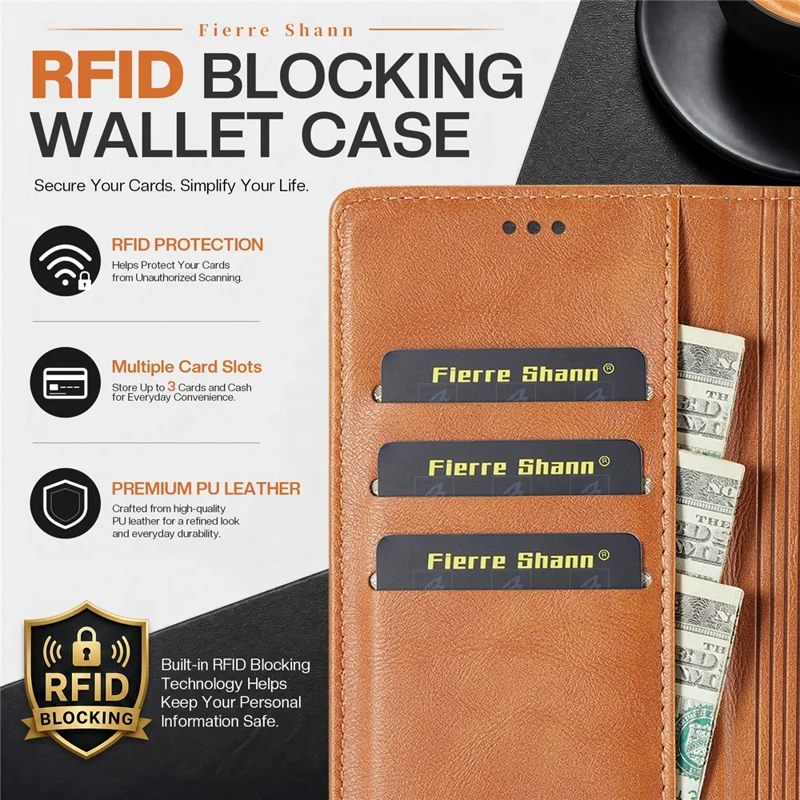 FIERRE SHANN FS032 For iPhone 12 Pro Max Case Magnetic Detachable PU Leather RFID Blocking Wallet Phone Cover - Brown