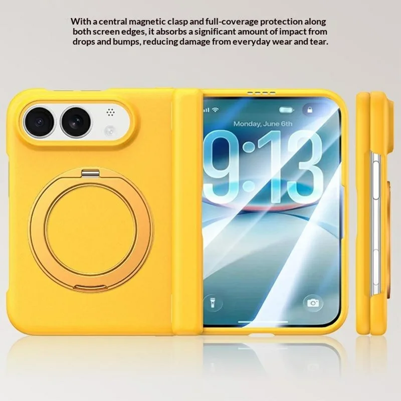 For iPhone Duo Magnetic Case Rotating Kickstand PC Foldable Phone Cover with Tempered Glass Screen Protector - Yellow