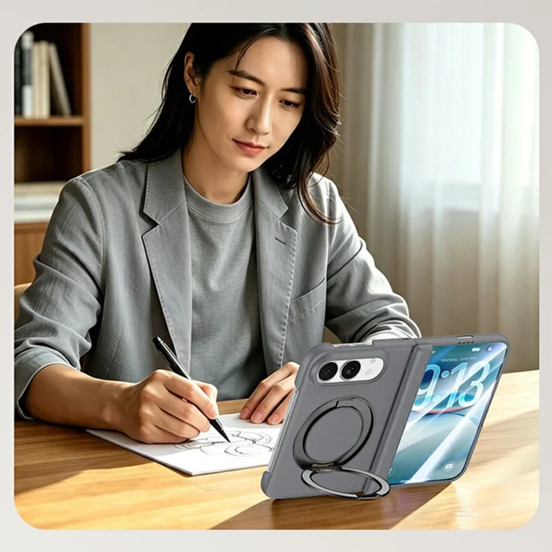 For iPhone Duo Magnetic Case Rotating Kickstand PC Foldable Phone Cover with Tempered Glass Screen Protector - Yellow