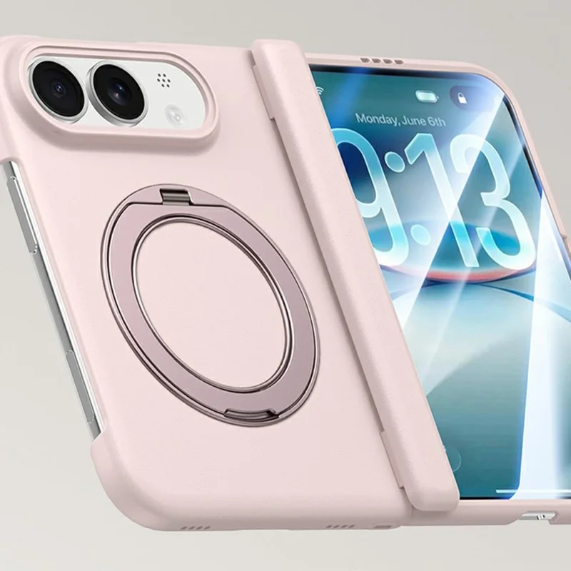 For iPhone Duo Magnetic Case Rotating Kickstand PC Foldable Phone Cover with Tempered Glass Screen Protector - Pink