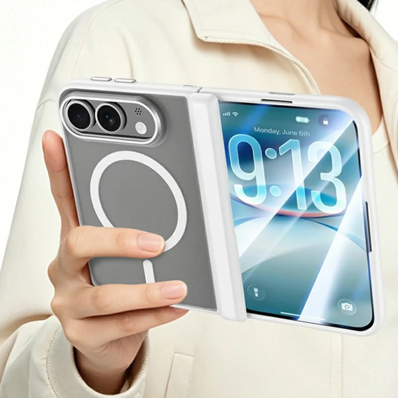 For iPhone Duo Magnetic Case Hinge Matte PC Phone Cover with Tempered Glass Screen Protector - White