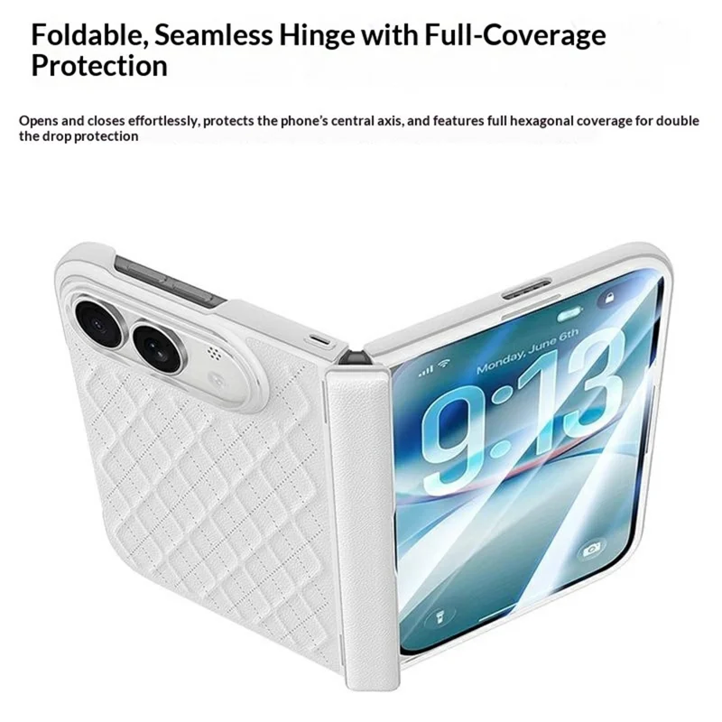 Voor iPhone Fold Magnetische Hoes met Scharnierbeveiliging Diamantstructuur PU Leer + PC Vouwtelefoonhoes met Gehard Glas Schermbeschermer - Wit