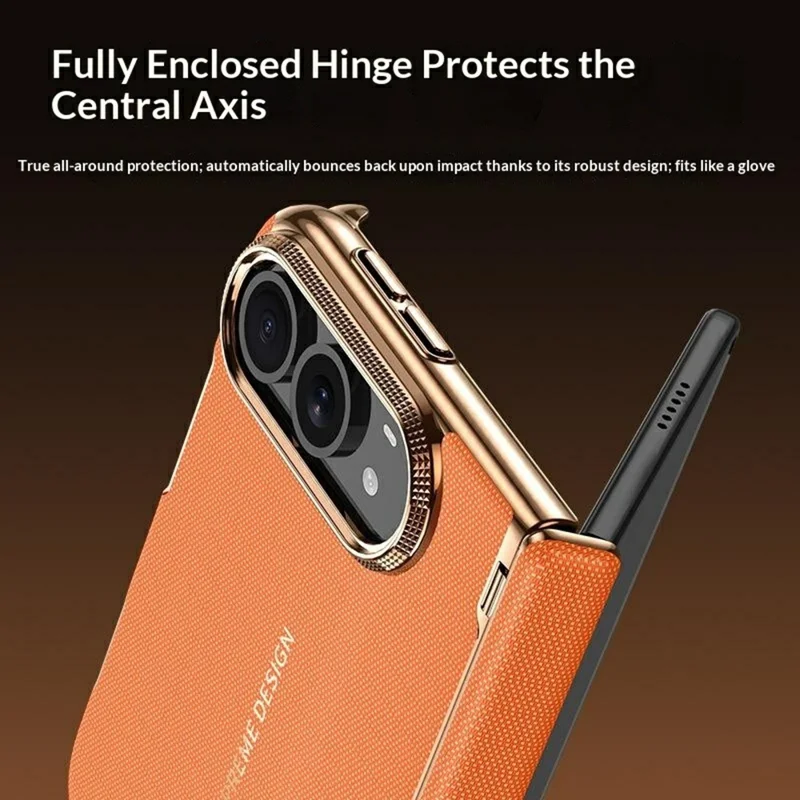 Voor iPhone Fold Magnetisch Hoesje Dubbele-as Scharnierbescherming Gegalvaniseerd PU Leer + PC Vouwtelefoonhoesje - Oranje