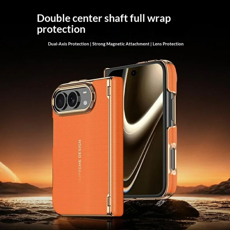 Voor iPhone Fold Magnetisch Hoesje Dubbele-as Scharnierbescherming Gegalvaniseerd PU Leer + PC Vouwtelefoonhoesje - Oranje
