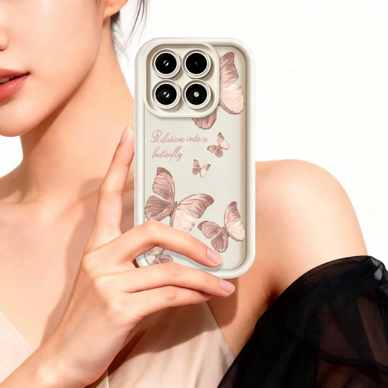 غطاء خلفي لهاتف Xiaomi 17 بتصميم فراشة من مادة TPU مطاطية - أبيض