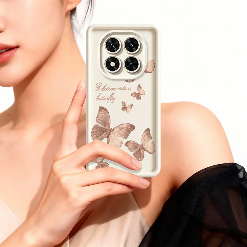 Чехол TPU с рисунком бабочки и резинизированной поверхностью для Xiaomi Redmi Note 15 Pro+ 5G (Global) / Poco M8 Pro 5G, белый
