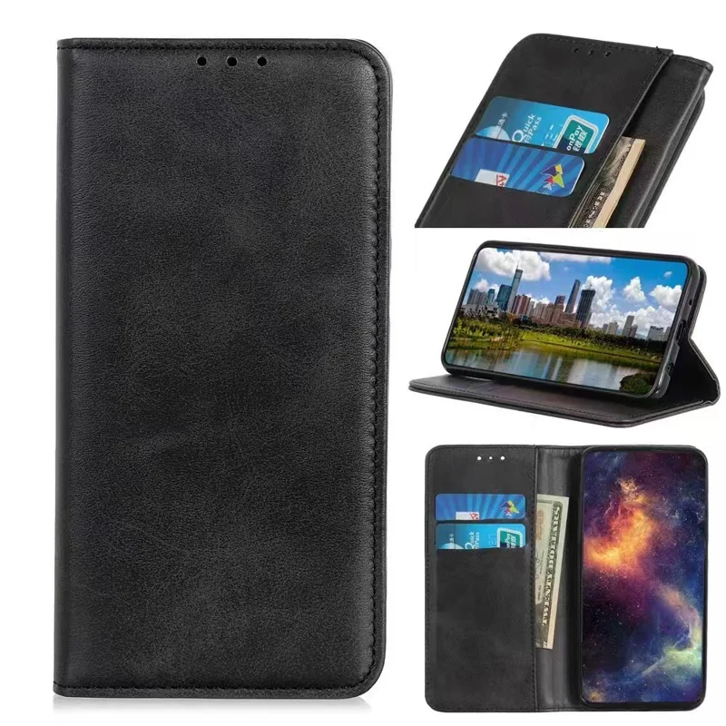 For Sony Xperia 10 VIII Case Cowhide Texture Split Leather Flip Wallet Phone Cover - Black