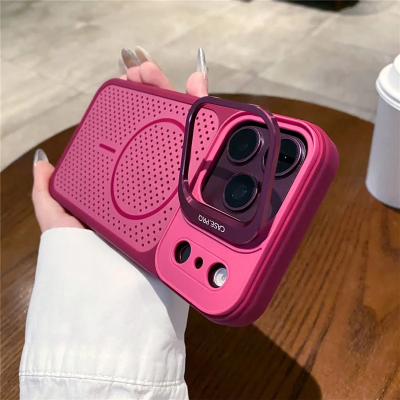 For iPhone 18 Pro Max / 17 Pro Max Magnetic Case PC + TPU Camera Frame Kickstand Heat Dissipation Phone Cover - Wine Red